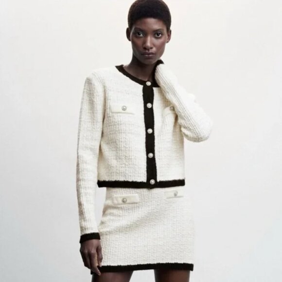 Mango MNG Pocket Tweed Cardigan Sweater Large Off White Black Cotton Blend EUC - Picture 2 of 15